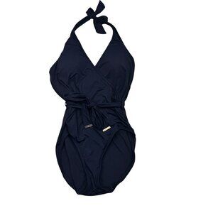 MICHAEL Michael Kors Navy Halter Plunge One-Piece Swimsuit W/Belt Women's 12